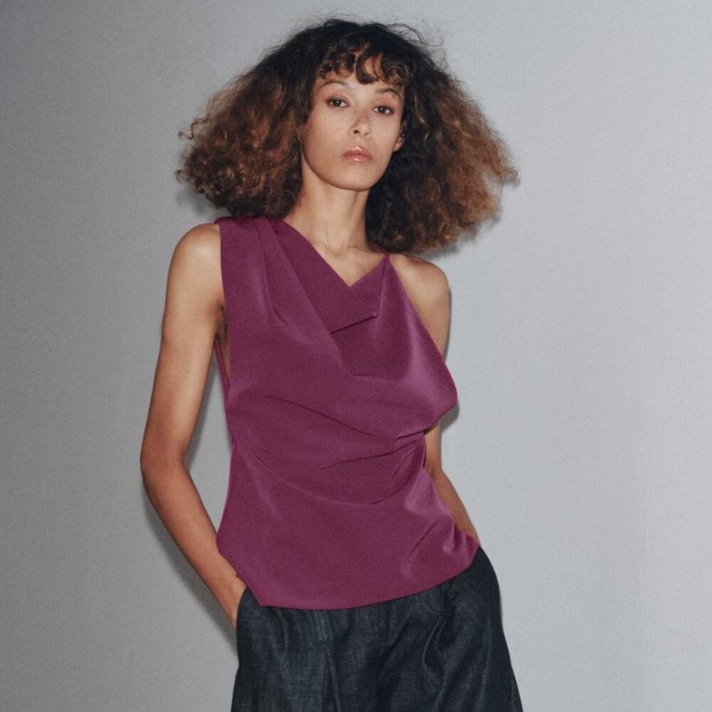NWT Size S/M l ASYMMETRIC CREPE BUCKLE TOP CAMI BLOUSE PLUM 1067/452/647 Zara